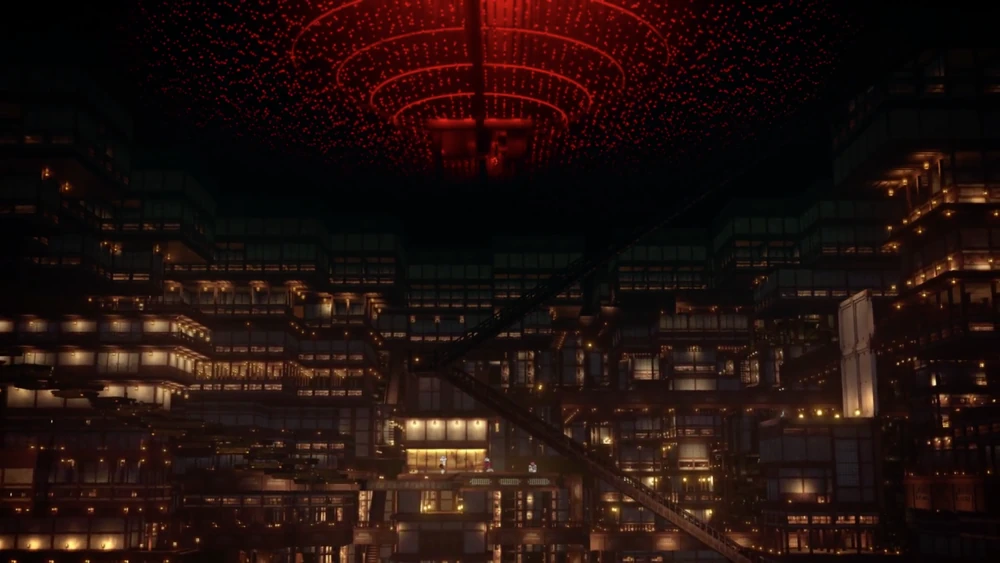 The Upper Moon demons gathered in a modern lab-like section of the Infinity Castle, looking up at an upside-down Muzan.